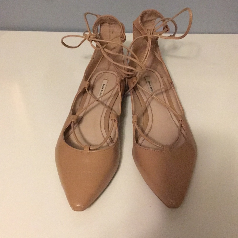 Zara Nude Lace Up Pointy Toe Flat